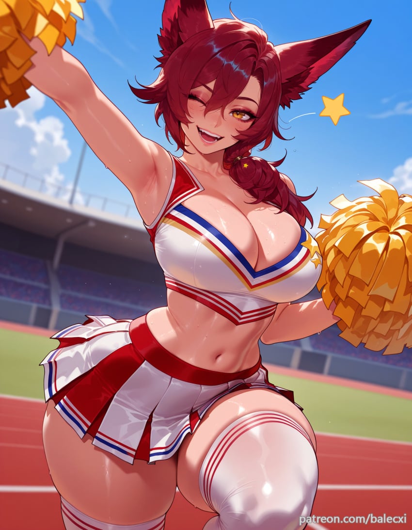 ai_generated animal_ears armpits balecxi cheerleader cleavage female holding holding_pom_poms large_breasts league_of_legends long_hair looking_at_viewer midriff navel one_eye_closed open_mouth outdoors pom_pom_(cheerleading) red_hair smile solo thighs white_skirt white_thighhighs xayah yellow_eyes