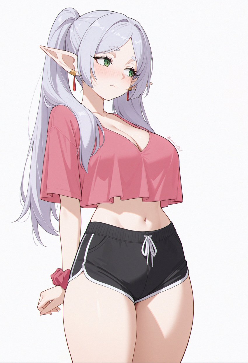 1girls ai_generated alternate_costume blush breasts casual dolphin_shorts ear_piercing elf elf_ears elf_female elf_girl frieren green_eyes kawaii_xgirl midriff shirt shorts solo sousou_no_frieren thighs twintails white_hair