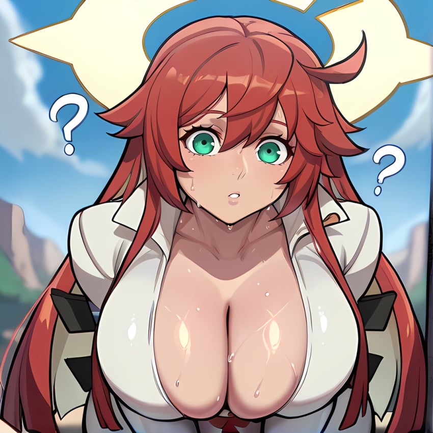 1girls ai_generated blackwhiplash_(style) breast_focus breasts cleavage confused green_eyes guilty_gear guilty_gear_strive huge_breasts jack-o'_valentine red_hair solo stable_diffusion sweat