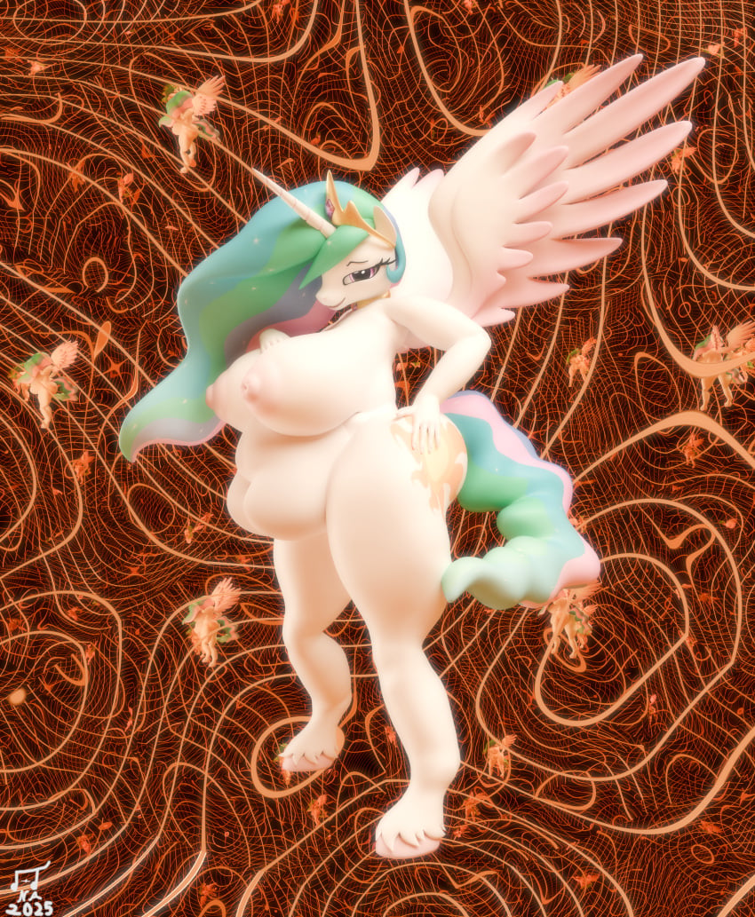 2025 3d absurd_res anthro big_breasts blender_cycles breasts digital_media_(artwork) equid equine female friendship_is_magic fur hair hand_on_breast hand_on_hip hasbro hi_res hooves horn horse huge_filesize looking_at_viewer mammal my_little_pony mythological_creature mythological_equine mythology nipples nude obese obese_anthro obese_female overweight overweight_anthro overweight_female pony princess_celestia_(mlp) rayana_rezaque smile solo tail wings