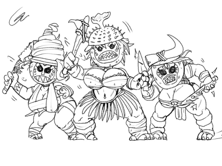 3girls big_breasts claws coconut disney female female_focus female_only kakamora masked masked_female moana powergorani tribal tribal_clothing weapons