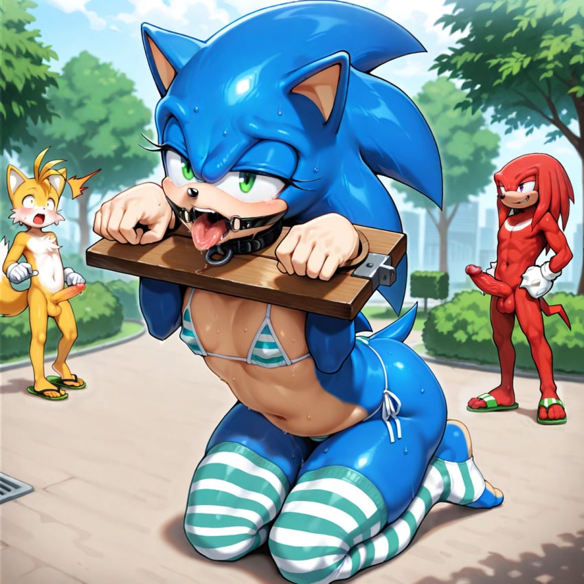 3boys 5_toes ai_generated balls bikini bondage bound bound_arms crossdressing erection eyelashes flip_flops girly humanoid_feet knuckles_the_echidna male male_only miles_prower miles_tails_prower open_mouth penis public_nudity public_sex public_use ring_gag sonic_(series) sonic_the_hedgehog sonic_the_hedgehog_(series) stocks tails tails_the_fox tongue_out