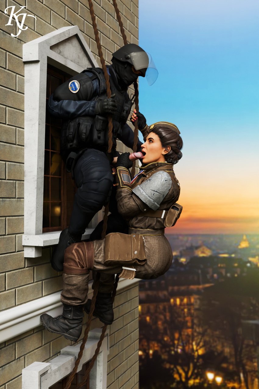 blowjob clothed_sex female france french handjob male open_mouth rainbow_six rainbow_six_siege rappelling rope soldier tactical_gear twitch_(rainbow_six)