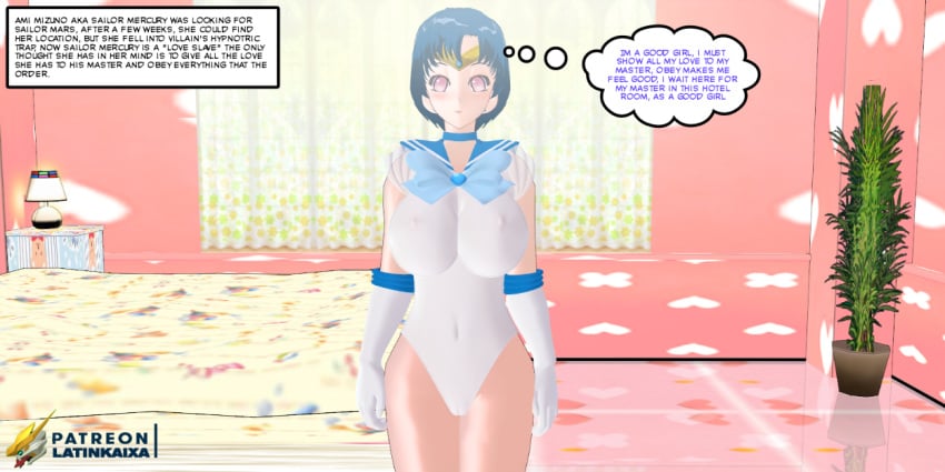 3d ami_mizuno artist_logo artist_name bishoujo_senshi_sailor_moon blue_hair cg english_text hypnosis latinkaixa leotard mind_control sailor_mercury thought_bubble white_leotard