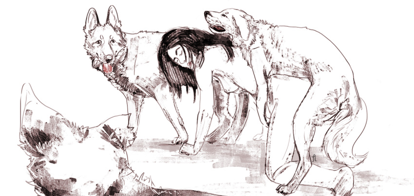 all_fours breasts canine closed_eyes doggy_style female interspecies nude sex sketch straight wolf_pack wolves zoophilia