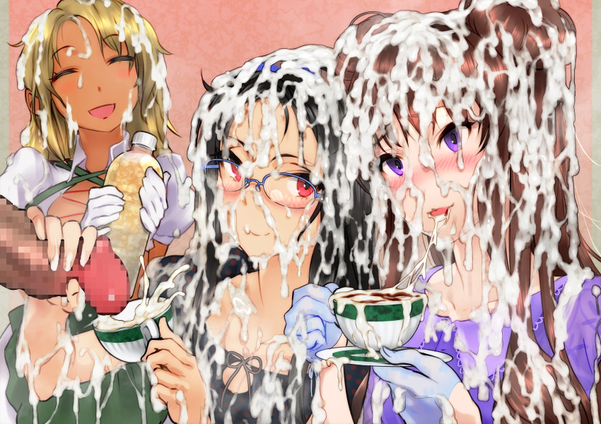 3girls ahe_gao black_hair blush bottle brown_hair bukkake censored clothing cum cum_in_container cum_in_mouth cum_on_body cum_on_clothes cum_on_food cum_on_glasses cum_on_hair cum_on_tongue cum_on_upper_body cum_string cumdrip cup dokiyuri ejaculation facial food glasses gloves gokkun hair_ornament handjob happy highres juice long_hair multiple_girls open_mouth original purple_eyes smile teacup tongue tongue_out