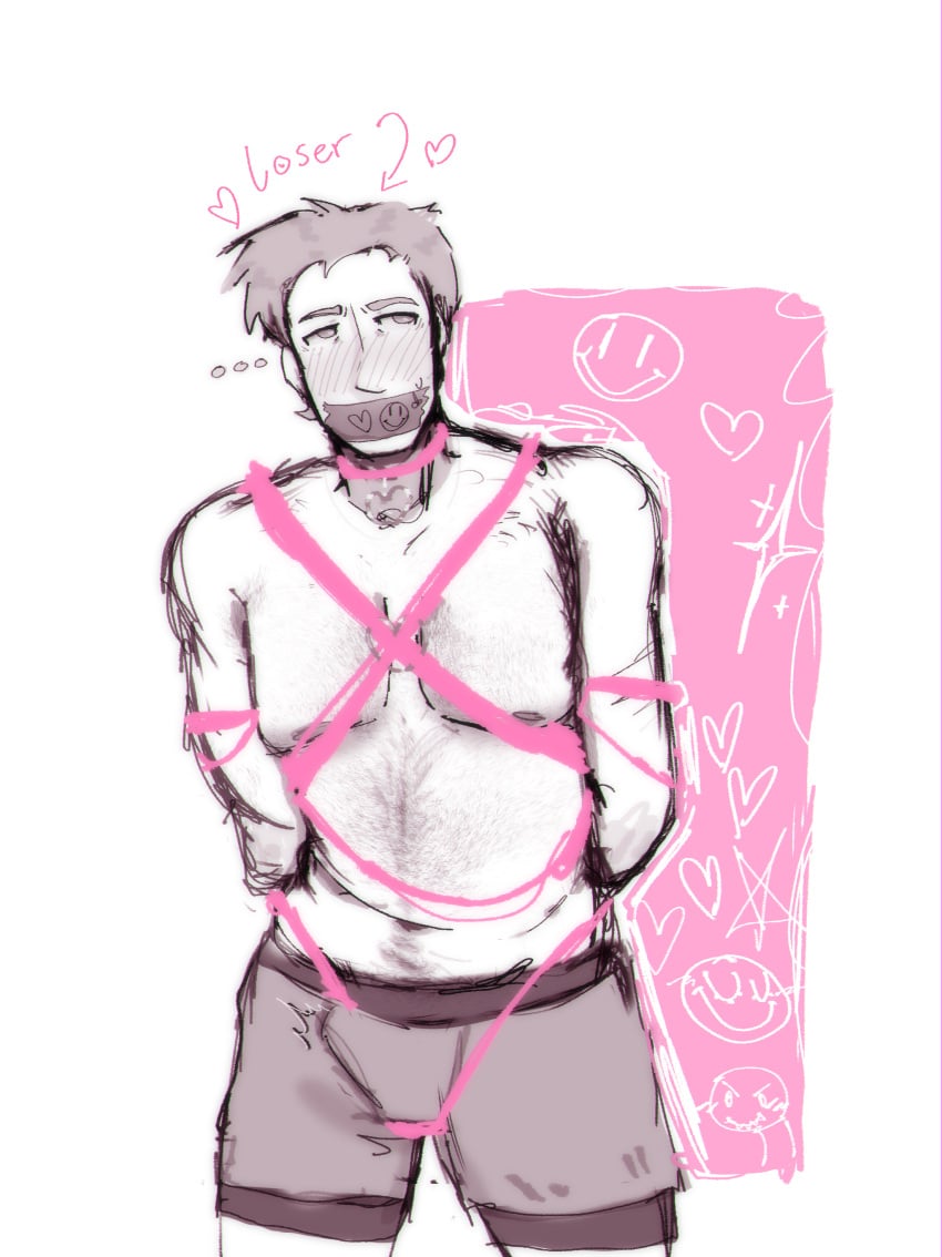 annoyed annoyed_expression annoyed_face bondage bulge bulge_through_clothing class_of_'09 counselor dad_bod frustrated hair hairy hairy_body old older older_male pathetic pathetic_male pink pink_background pubes restrained stomach tape taped_mouth tied_up tummy