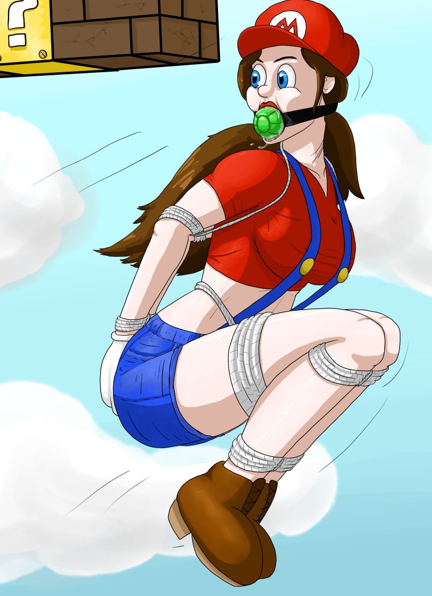 ball_gag blue_eyes bondage bound brown_hair drool drooling female female_only femsub fully_clothed gag mario_(series) meowitzher midriff_baring_shirt nintendo png rope