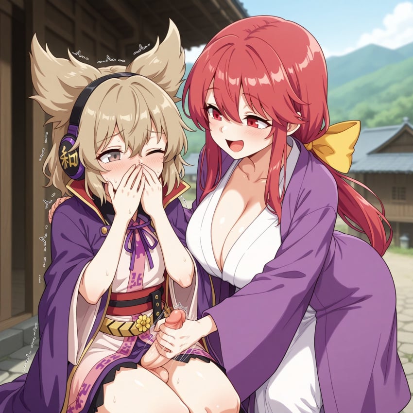 1futa :d ai_generated big_breasts blonde_hair blue_sky breasts buildings civitai cleavage cock covering_mouth embarrassed embarrassed_futa female futanari futanari/female handjob headphones huge_breasts junihito kimono kotohime kotohime_(touhou) large_breasts motion_lines outdoors penis ponytail purple_coat red_eyes red_hair self_upload small_penis small_penis_futa smile touhou touhou_(pc-98) toyosatomimi_no_miko trembling village yellow_bow