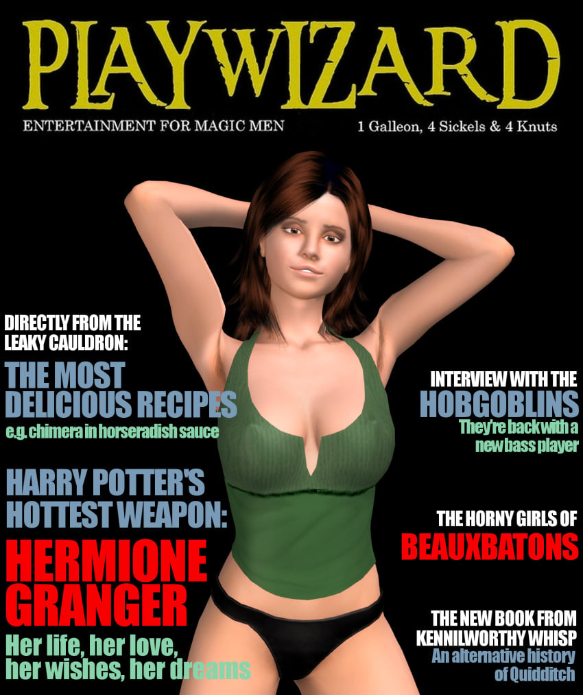 3d arms_behind_head arms_up black_background breasts brown_eyes brown_hair brunette cleavage clothed clothing emma_watson english_text female female_only green_clothing green_shirt harry_potter hermione_granger human large_breasts loyalservant magazine magazine_cover panties parted_lips pinup playboy pose posing simple_background sleeveless_shirt solo standing teeth text the_klub_17 underwear