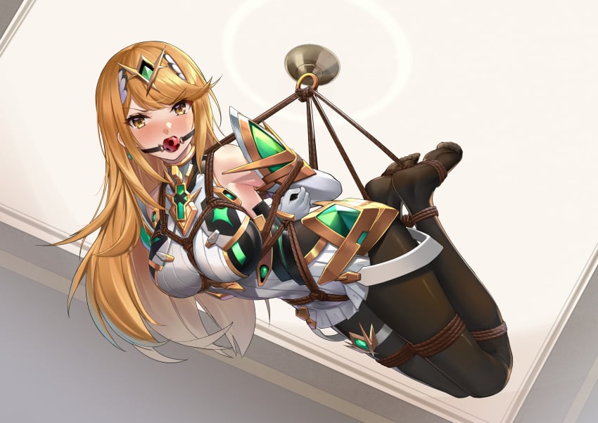 1girls 463_jun absurdres ball_gag black_legwear black_pantyhose blonde_hair blush bondage bound breasts core_crystal dress elbow_gloves female female_only femsub frown gag gloves highres hogtie hogtied large_breasts legwear long_hair looking_at_viewer monolith_soft mythra nintendo pantyhose restrained solo submissive submissive_female suspension white_dress white_gloves wiffle_gag xenoblade_(series) xenoblade_chronicles_2 yellow_eyes