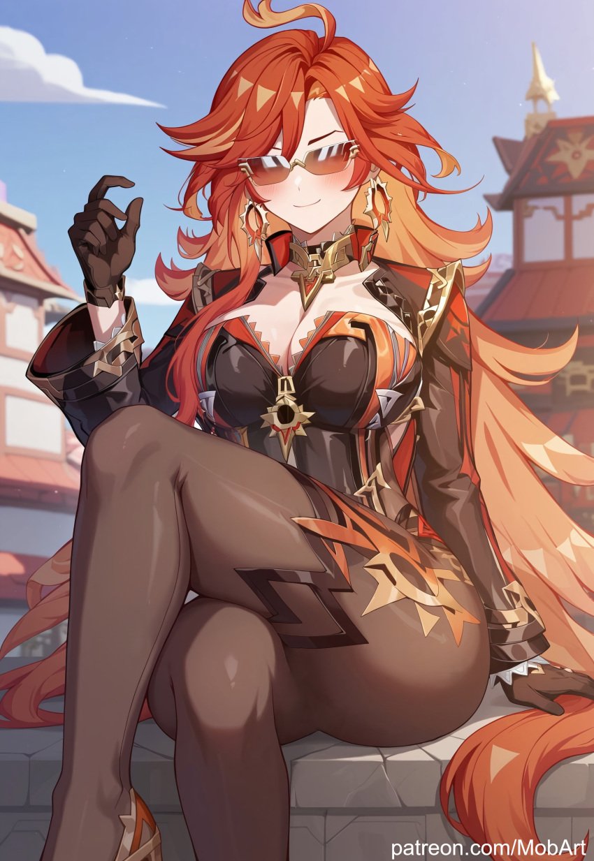 ai_generated big_breasts big_butt black_bodysuit blush bodysuit crossed_legs earrings genshin_impact gloves huge_breasts jewelry long_hair long_sleeves looking_at_viewer mavuika_(genshin_impact) mobart multicolored_hair orange_eyes orange_hair red_hair sitting smile solo solo_female sunglasses thick_thighs tinted_eyewear zipper