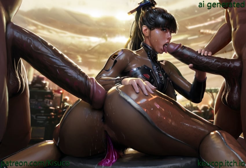 1girls 2boys after_sex ai_generated asian_female balls black_hair blowjob cum_in_ass dark-skinned_male dark_skin deepthroat eve_(stellar_blade) excessive_cum fellatio fringe_hair good_girl handjob huge_cock imminent_anal inexperienced interracial kisuco korean_female lewd licking_penis lips_on_penis long_hair looking_back looking_up mmf_threesome pale-skinned_female ponytail pubic_hair skinsuit stellar_blade sucking_penis sweatdrop sweaty_body used_condom used_condom_in_pussy