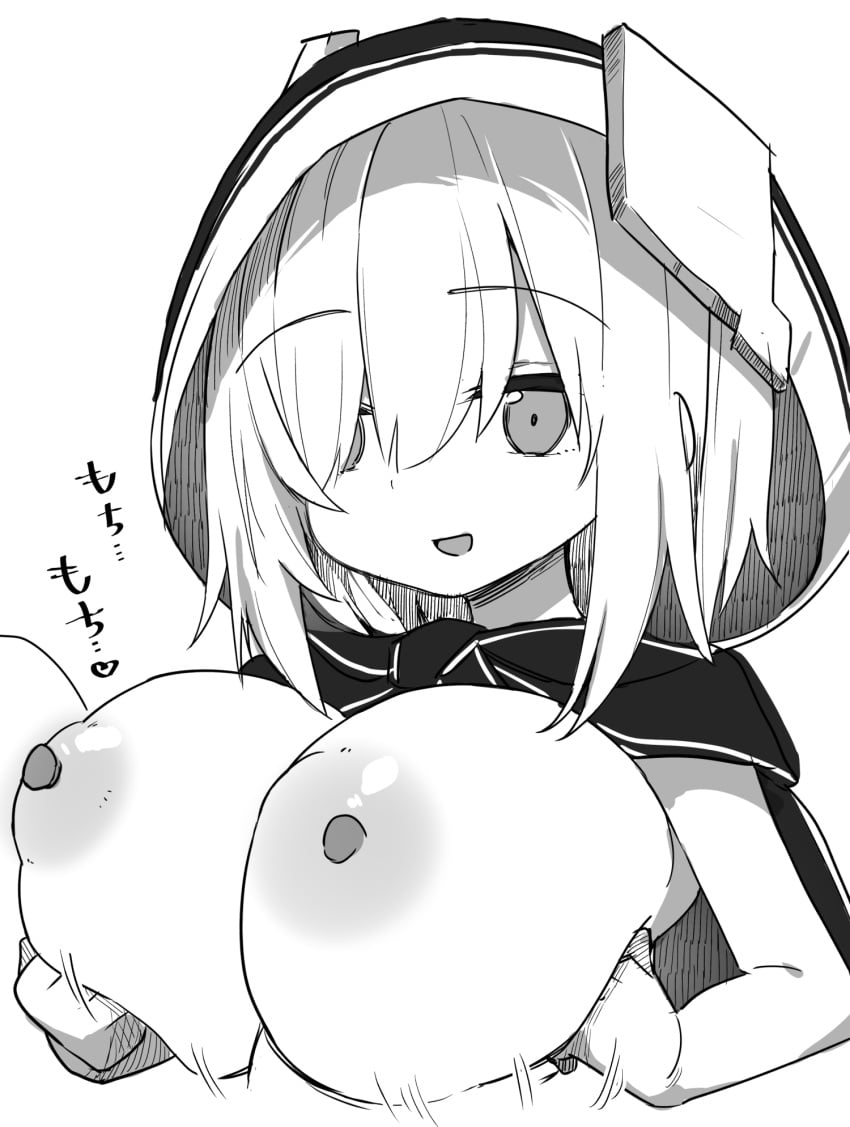 ars_almal breasts chicken0281 grabbing_own_breast highres hood large_breasts monochrome nijisanji nipples one_eye_covered paizuri short_hair shortstack virtual_youtuber white_background