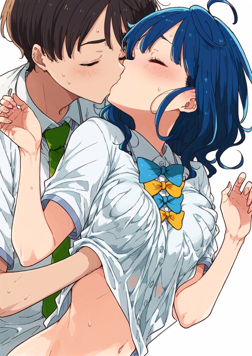 1boy 1girls blush breast_grab busty couple female french_kiss groping groping_breasts horny kissing large_breasts make_heroine_ga_oo_sugiru! male nukumizu_kazuhiko school_uniform yanami_anna