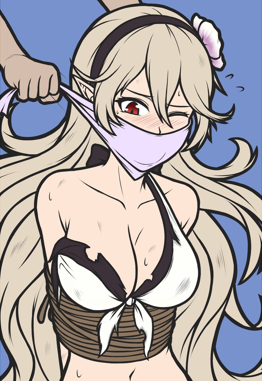 1girls bare_shoulders black_hairband blonde_hair blush bound_torso cleavage corrin_(fire_emblem)_(female) corrin_(summer)_(fire_emblem)_(female) damaged_clothes damsel_in_distress fire_emblem fire_emblem_fates fire_emblem_heroes gag gagged gagging hair_flower hairband kidnapped large_breasts long_hair magnolia-baillon one_eye_closed over_the_mouth_gag pointy_ears red_eyes white_bikini