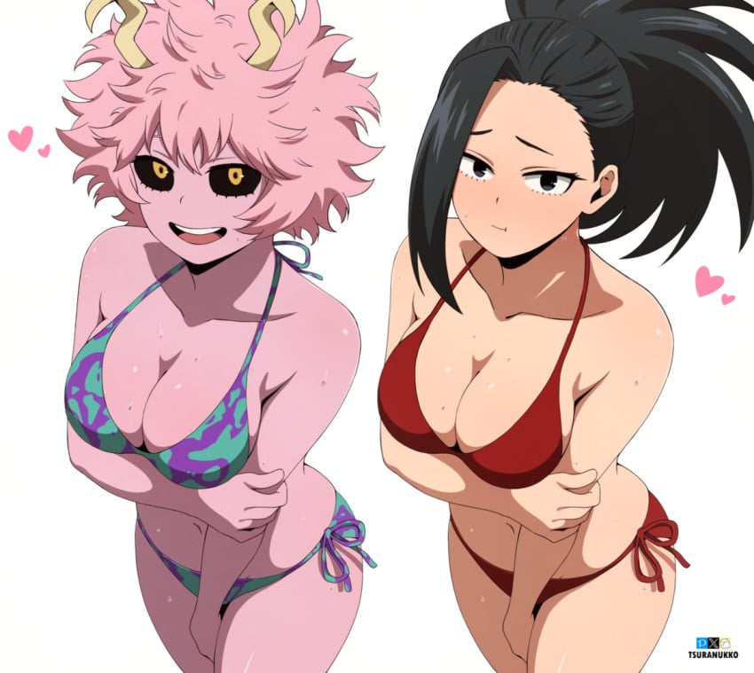 2girls ass big_ass bikini black_hair black_sclera blue_bikini boku_no_hero_academia breasts cleavage closed_mouth fanbox_logo female female_only heart highres horns large_breasts looking_at_viewer mina_ashido momo_yaoyorozu multicolored_bikini multicolored_clothes my_hero_academia navel open_mouth pink_hair pink_skin pixiv_logo ponytail purple_bikini red_bikini smile sweat swimsuit tsuranukko twitter_x_logo yellow_eyes