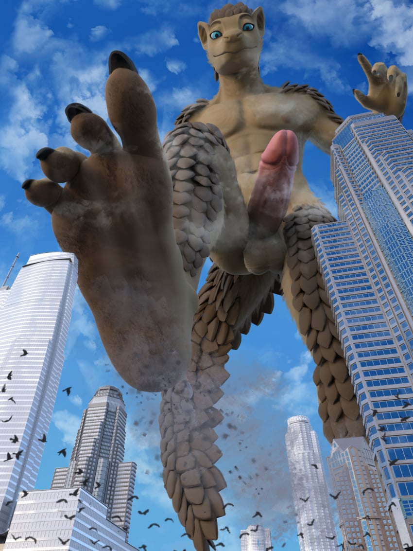 anthro balls building city city_background cityscape debris dirty dirty_feet erection feet first_person_view foot_fetish foot_focus genitals hi_res lapushis looking_down low-angle_view macro macro_male male mammal pangolin penis ralerin skyscraper solo solo_focus tail