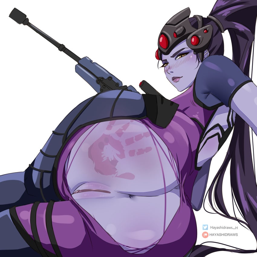 1girls alternate_version_available anus ass ass_focus big_ass blush booty female female_only french french_female gun hand_print hand_print_on_ass hayashidraws helmet long_ponytail looking_at_viewer looking_back no_panties on_side overwatch ponytail purple_hair pussy sniper sniper_rifle solo spank_marks torn_clothes white_background widowmaker yellow_eyes