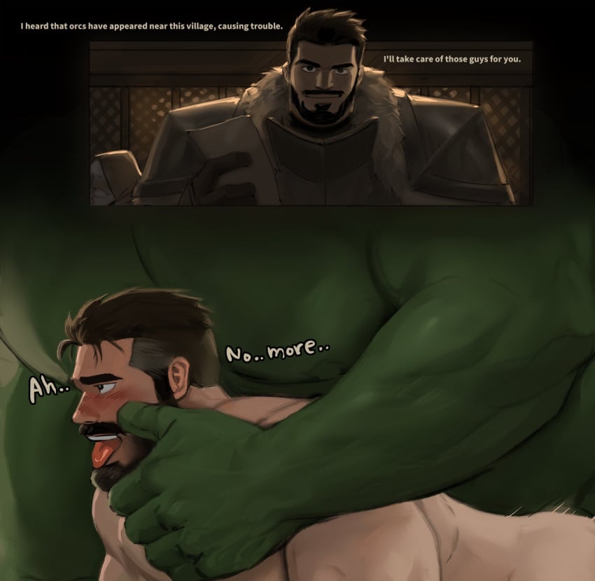 dialogue dopq english_text gay green_body green_skin hi_res human human_male humanoid light-skinned_male light_skin male male/male male_only mammal muscular muscular_humanoid muscular_male orc orc_male size_difference