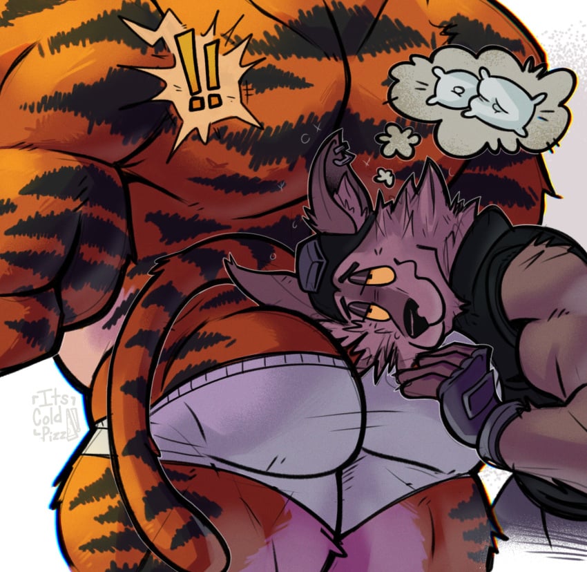 ! !! anthro anthro_on_anthro ass big_thighs canid canine canis cheek_tuft chubby chubby_male clothed clothed_male clothing earrings exclamation_point felid feline fingerless_gloves fortnite fur furry furry_only gay head_on_ass homosexual homosexual_male its_coldpizzart male/male mammal narrowed_eyes oscar_(fortnite) pillow round_ass size_difference smile smiling tail thick_thighs tiger topless underwear underwear_only video_games wendell_(fortnite) white_underwear wolf