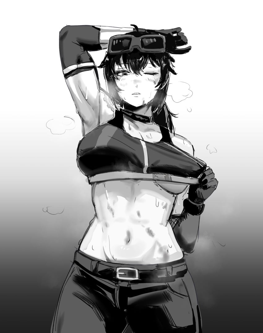 abs acca9nine armpits arms_up big_breasts black_and_white black_hair dirty goggles grace_howard lifting_shirt messy midriff midriff_peek muscular one_eye_closed pants revealing_breasts sweat sweaty zenless_zone_zero