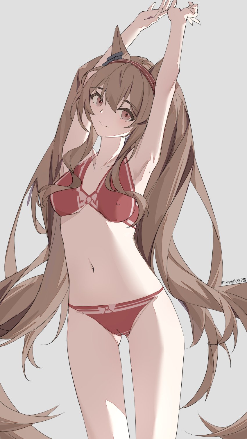 1girls angelina_(arknights) animal_ears arknights artist_request bikini brown_eyes brown_hair cameltoe cute female female_only hairband hands hands_up head_tilt kemonomimi light-skinned_female light_skin long_hair looking_at_viewer navel nipple_bulge red_bra red_panties smile solo standing stretching swimsuit twintails underwear underwear_only very_long_hair 汐析昔