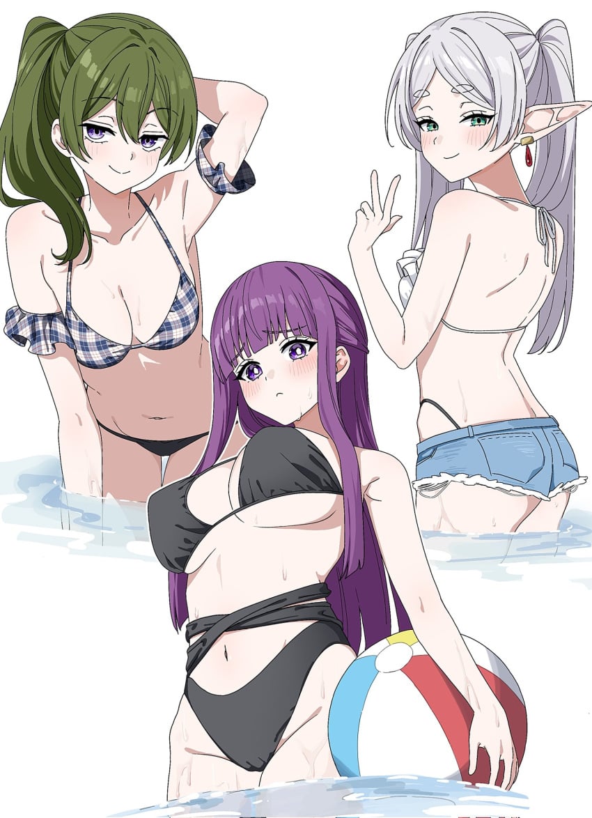 arm_up armpits ass back bare_arms bare_back bare_belly bare_legs bare_shoulders bare_thighs belly_button big_breasts bikini bikini_under_shorts black_bikini blush body_blush breasts cleavage closed_mouth earrings elf fern_(sousou_no_frieren) frieren frilled_bikini_top green_eyes green_hair groin hip_bones kayuu_(hikentai0112) long_hair outdoors partially_submerged pointy_ears ponytail purple_eyes purple_hair smile sousou_no_frieren thighs twintails ubel_(sousou_no_frieren) underboob water white_hair