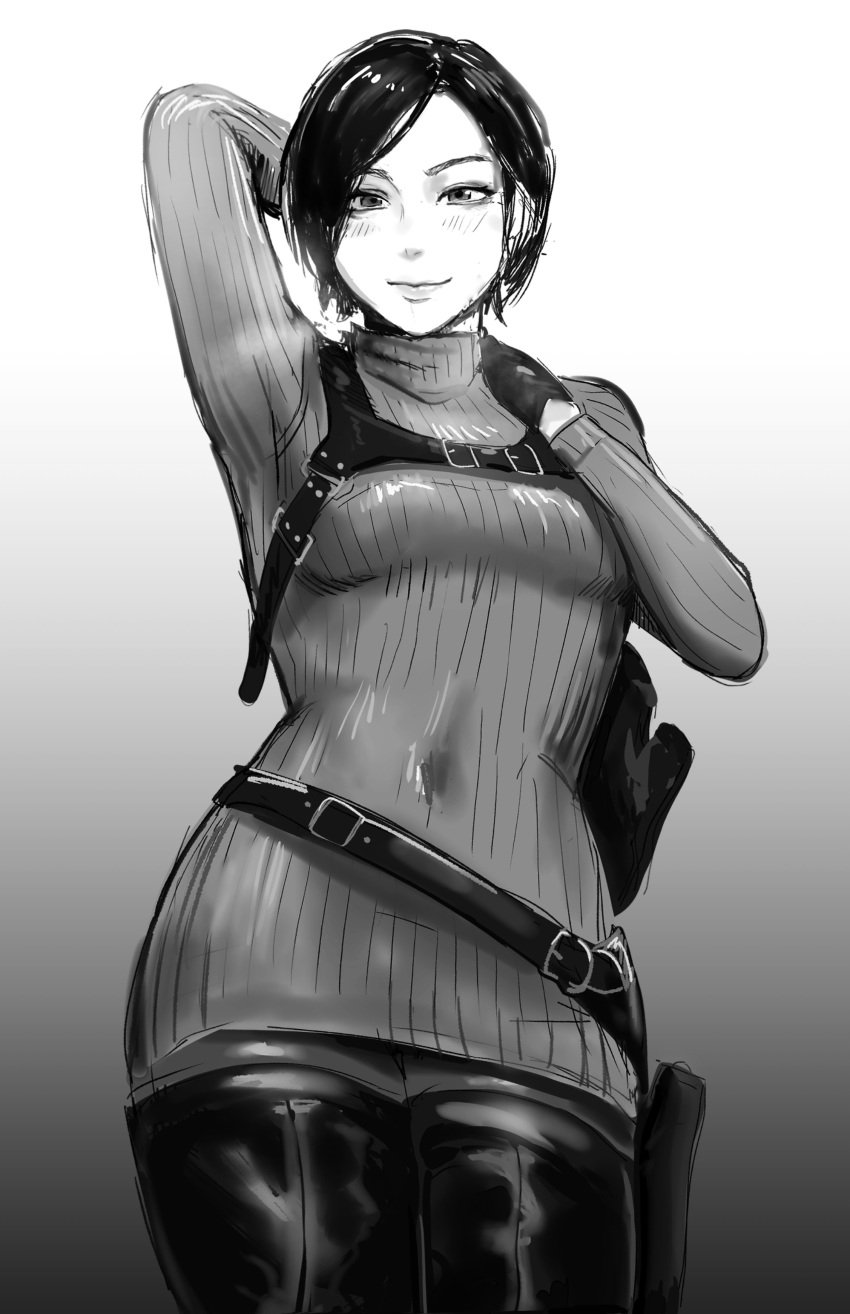 acca9nine ada_wong armpits belt black_and_white black_hair blush boots breath gloves leggings resident_evil sweat sweatdrop sweater visible_breath