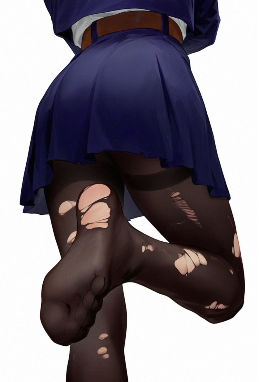 ai-assisted ai_generated ass belt black_pantyhose blue_jacket blue_skirt brown_belt feet female foot_focus foreshortening from_behind head_out_of_frame highres jacket jujutsu_kaisen kugisaki_nobara long_sleeves lower_body miniskirt no_shoes pantyhose see-through_clothes see-through_legwear shirt simple_background skirt soles solo standing standing_on_one_leg thighband_pantyhose timruya toes torn_clothes torn_pantyhose upskirt white_background white_shirt