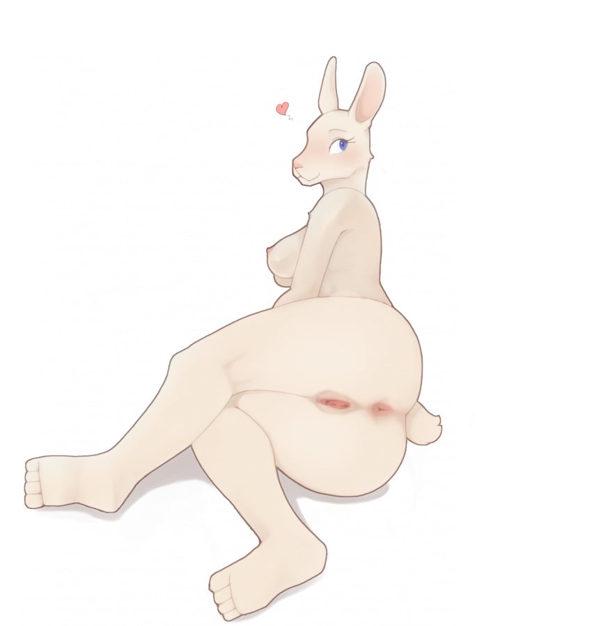 anthro anus ass bfkitsu1550 blue_eyes breasts eyelashes female fur genitals hi_res lagomorph leporid lying mammal nipples on_side presenting presenting_hindquarters pussy rabbit simple_background solo white_background white_body white_fur