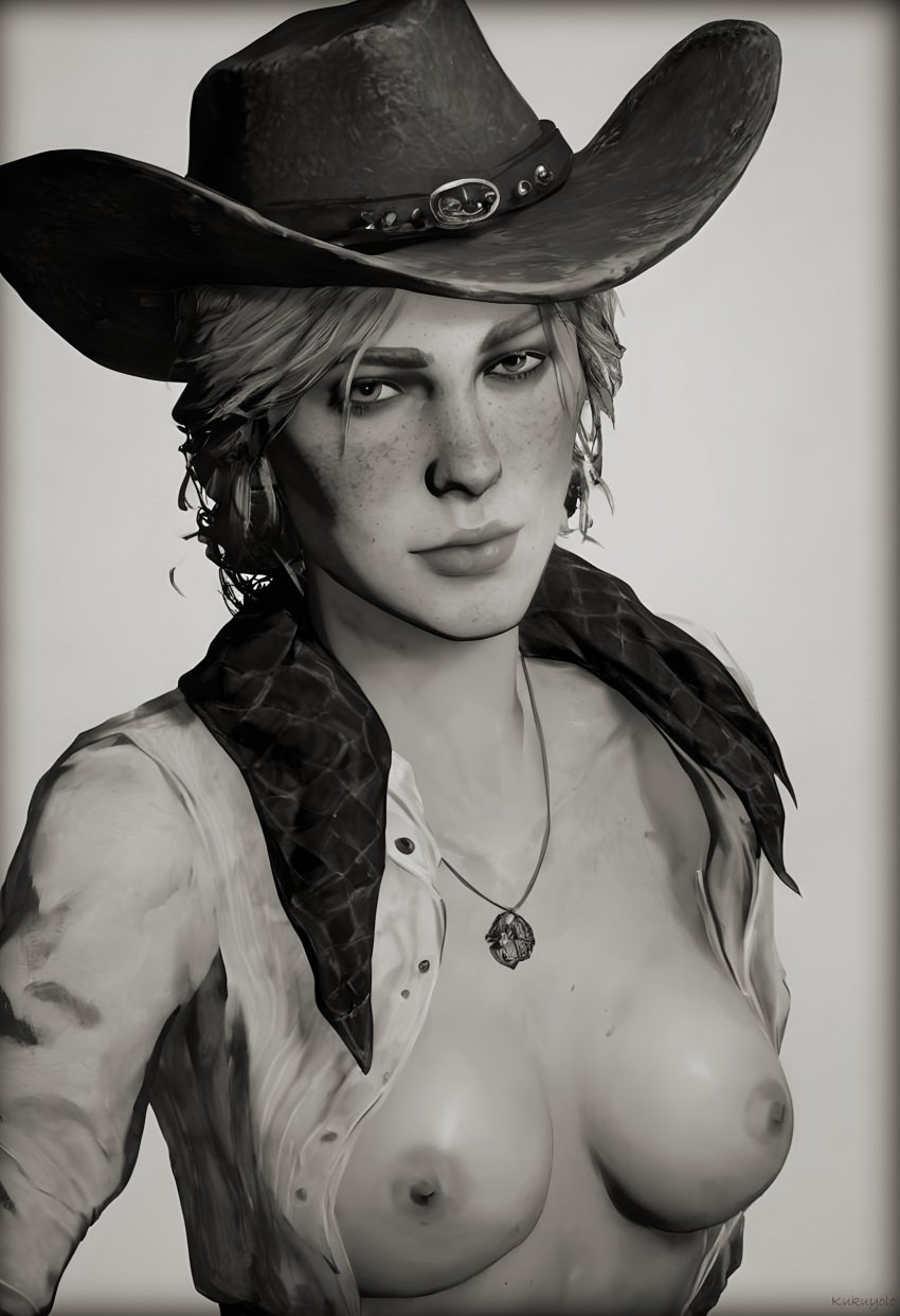 1girls 3d areolae black breasts brown_eyes cowboy_hat cowboy_shot female female_focus female_only freckles full_body game guns hat hd hd_(traditional) high_resolution highres kuku lipstick long_hair medium_breasts mode mole naked nude outdoors public public_nudity red_dead_redemption_(series) red_dead_redemption_2 rockstar_games sadie_adler scarf small_breasts solo suspenders topless video_games western