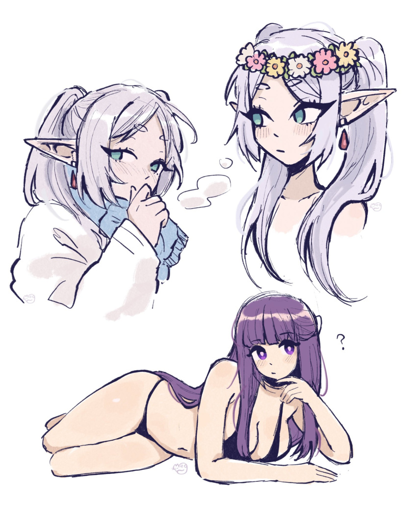 2girls bangs belly belly_button bikini bikini_bottom bikini_top blunt_bangs blush breasts earrings elf eyelashes female female_only fern_(sousou_no_frieren) flower flower_crown flower_in_hair frieren green_eyes long_hair megrocks midriff multiple_girls navel pointed_ears pointy_ears purple_eyes purple_hair question_mark sousou_no_frieren swimsuit white_hair