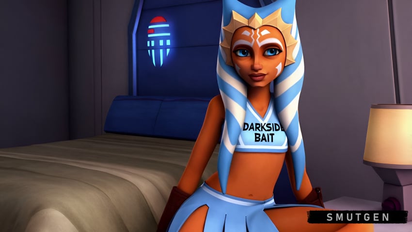 1girls ahsoka_tano ai_generated bedroom_eyes cheerleader cheerleader_uniform female female_only hi_res inviting_to_sex on_model orange_skin sexy_outfit smutgen solo star_wars togruta