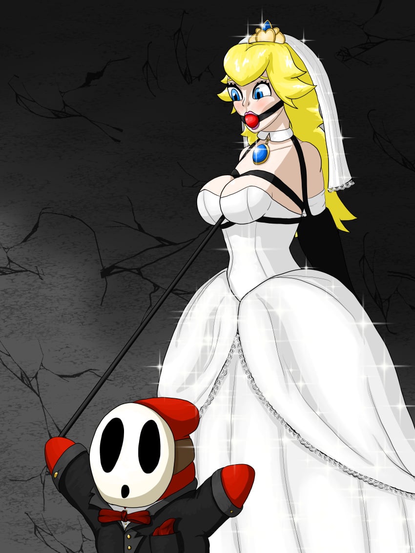 armbinder ball_gag blonde_hair blue_eyes bondage bound bride cleavage dress female femsub fully_clothed gag mario_(series) meowitzher nintendo png princess_peach wedding_dress