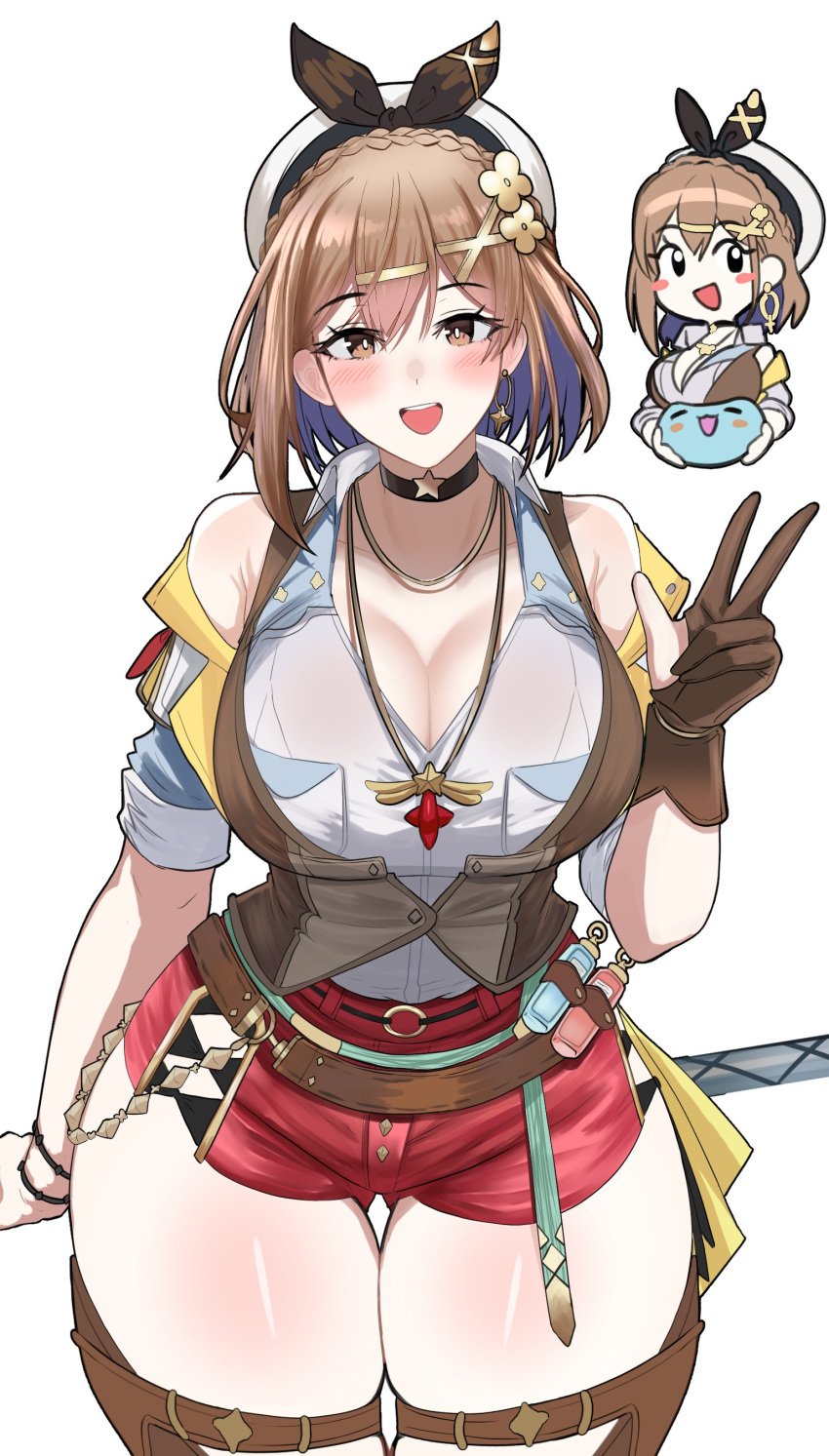 2d atelier_(series) atelier_ryza big_breasts blush blush breasts brown_eyes brown_hair chibi choker cleavage desspie female female_only hat large_breasts large_thighs looking_at_viewer reisalin_stout solo thick_thighs thighs white_background