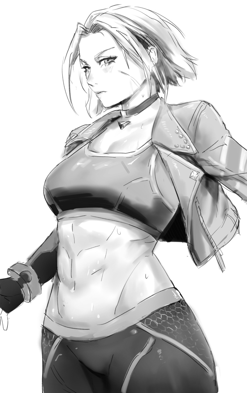 abs acca9nine black_and_white blonde_hair blush cammy_white cammy_white_(street_fighter_6) choker jacket leggings midriff open_clothes sports_bra street_fighter sweat sweaty