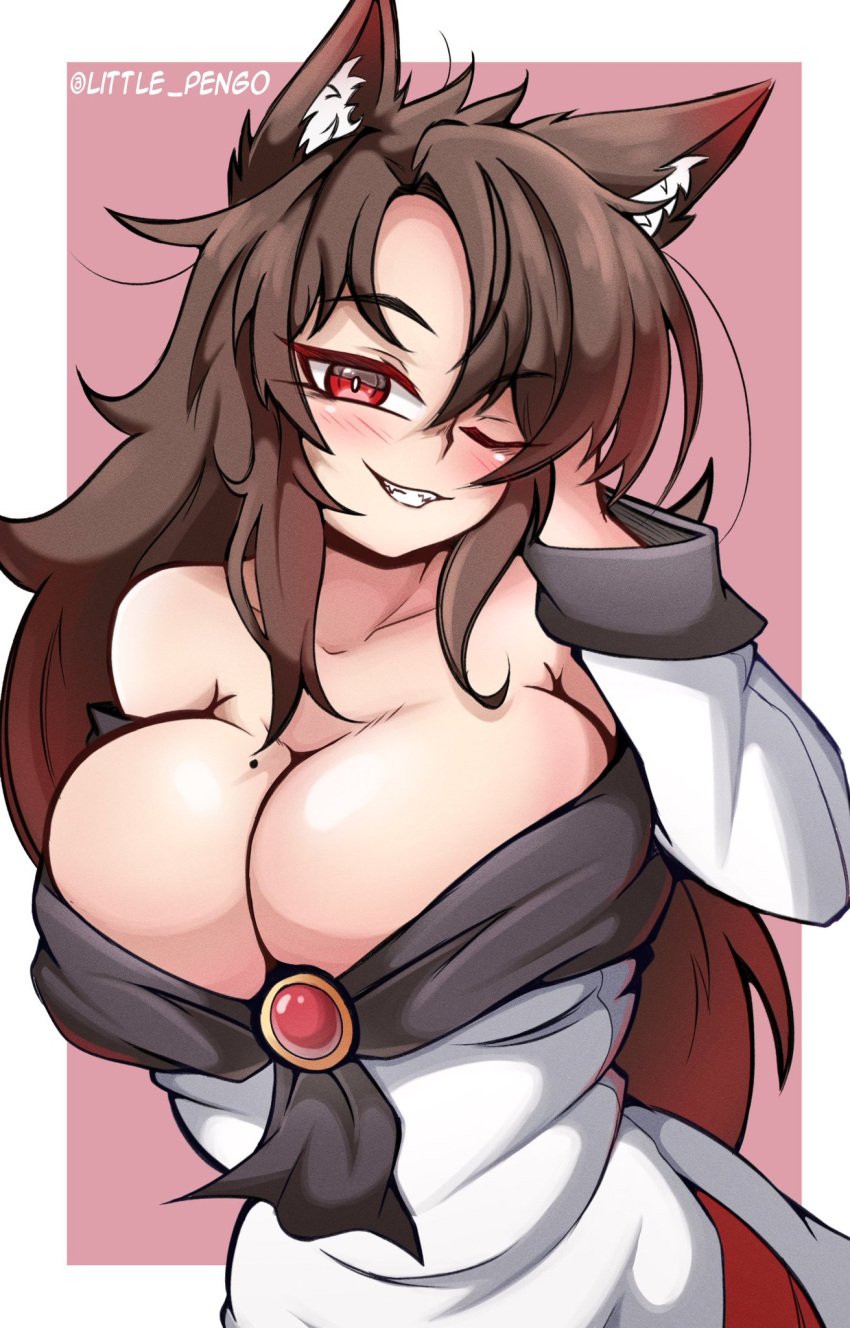 1girl bare_shoulders beauty_mark beauty_mark_on_breasts big_breasts blush breasts brown_hair cleavage dress female female_only kagerou_imaizumi kemono large_breasts littlepengo long_hair looking_at_viewer non-human pale_skin pale_skinned_female red_eyes sharp_teeth touhou white_dress wolf_ears wolf_girl