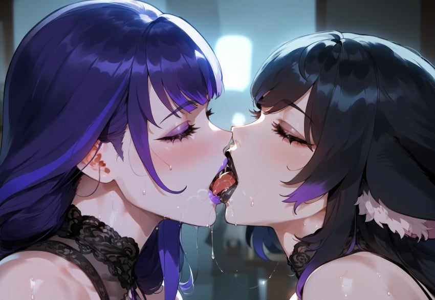 2girls ai_generated alternate_hair_color female female_only genshin_impact goth goth_girl kissing miyuai raiden_shogun saliva thick_lips tongue yae_miko yuri