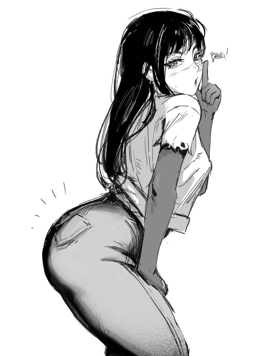 acca9nine ass bent_over big_butt black_and_white black_hair black_jeans blush caked_up chainsaw_man jeans leaning_forward mitaka_asa open_mouth ripped_clothing sleeves white_shirt yoru_(chainsaw_man)