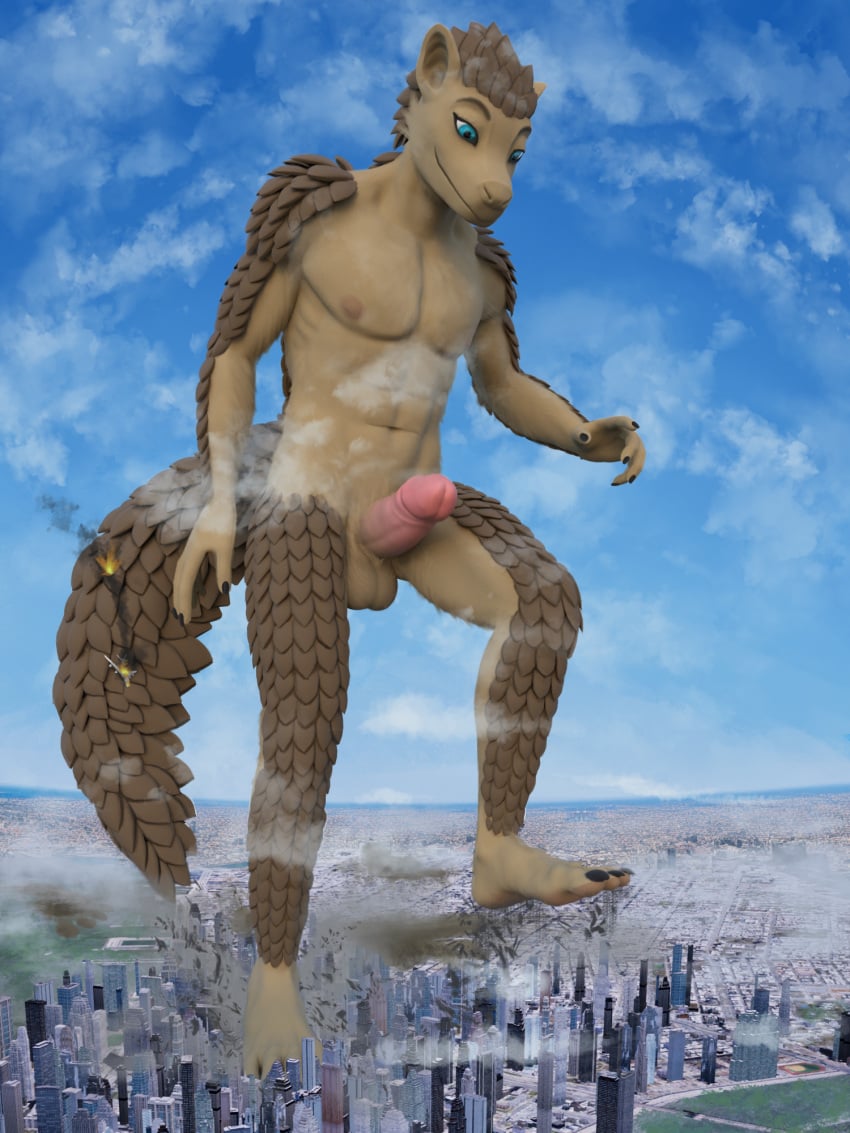 aircraft airplane anthro balls building city city_background city_crushing city_destruction crush erection genitals hi_res landscape lapushis looking_down macro macro_male male mammal pangolin penis ralerin skyscraper solo stomping vehicle