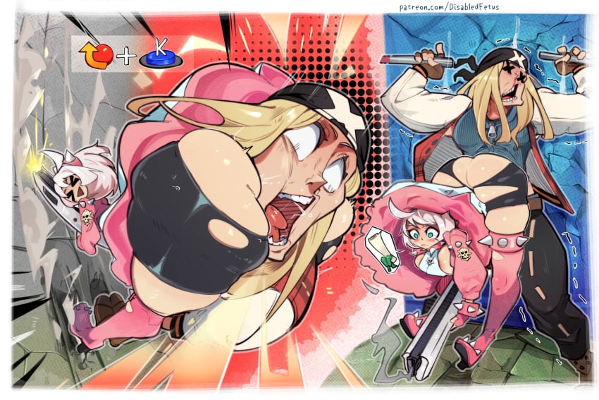 1boy 1girls ahoge ass axl_low big_ass blonde_hair blush bracelet collar disabledfetus elphelt_valentine face_in_ass female funny guilty_gear guilty_gear_strive gun hairband highres hip_attack huge_ahoge huge_ass jacket jewelry pink_hairband pink_jacket shorts smile spike spiked_collar spiked_hairband spiked_jacket spiked_thighlet thick_thighs thighs torn_clothes torn_shorts weapon white_background