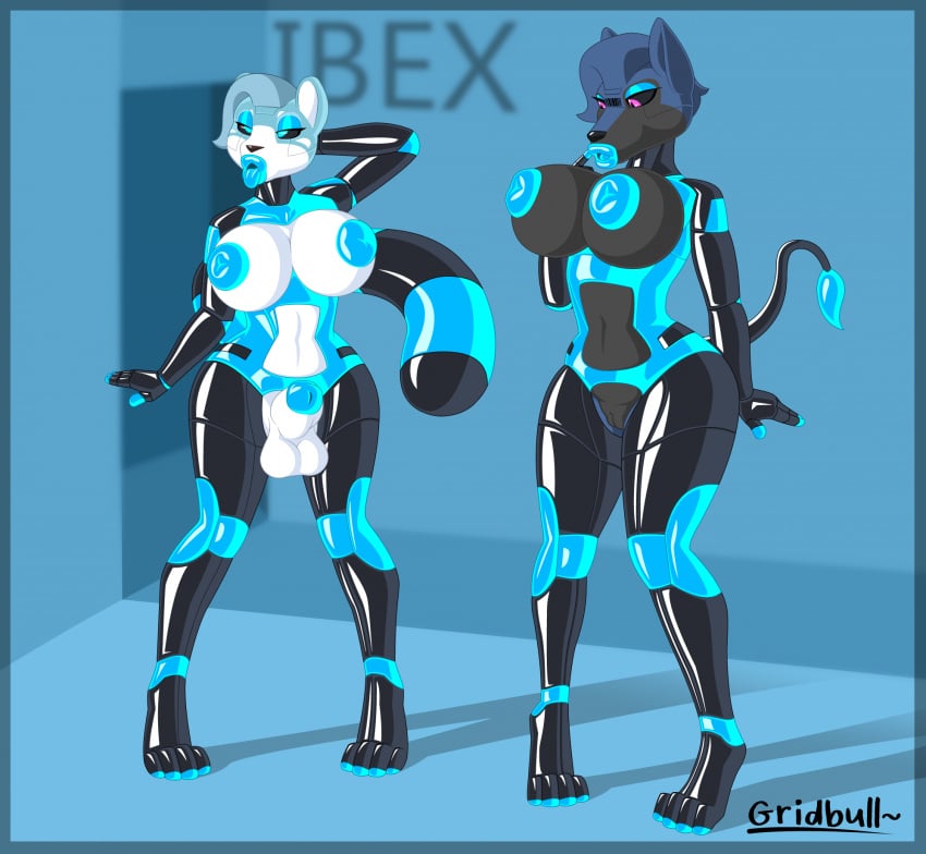 2024 4_toes after_transformation ailurid anthro areola balls big_breasts bimbo_lips bimbofied black_latex black_sclera blue_areola blue_eyes blue_eyeshadow blue_latex blue_nipples breasts canid canine canis cybernetics cyborg digital_media_(artwork) digitigrade drone duo ellis_(gridbull) erection eyeshadow feet female feyro_(character) genitals glistening glistening_body gridbull gynomorph hi_res intersex inverted_nipples latex latex_body lips machine makeup mammal mtf_crossgender mtg_crossgender mti_crossgender nipples nude nude_anthro nude_female nude_gynomorph penis pink_eyes pussy red_panda rule_63 tail thick_lips toes tongue tongue_out wolf