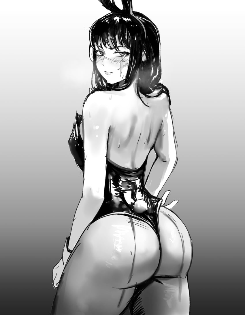 acca9nine bare_back bare_shoulders big_ass black_and_white black_hair blush breasts bunny_costume bunny_ears bunnysuit chainsaw_man scar sweat sweatdrop sweating thick_thighs yoru_(chainsaw_man)