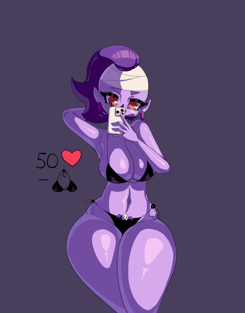 big_breasts big_thighs bikini bikini_bottom bikini_top brawl_stars emo emz_(brawl_stars) female female_focus female_only looking_at_phone phone purple_hair red_eyesfung_enoki zombie zombie_girl