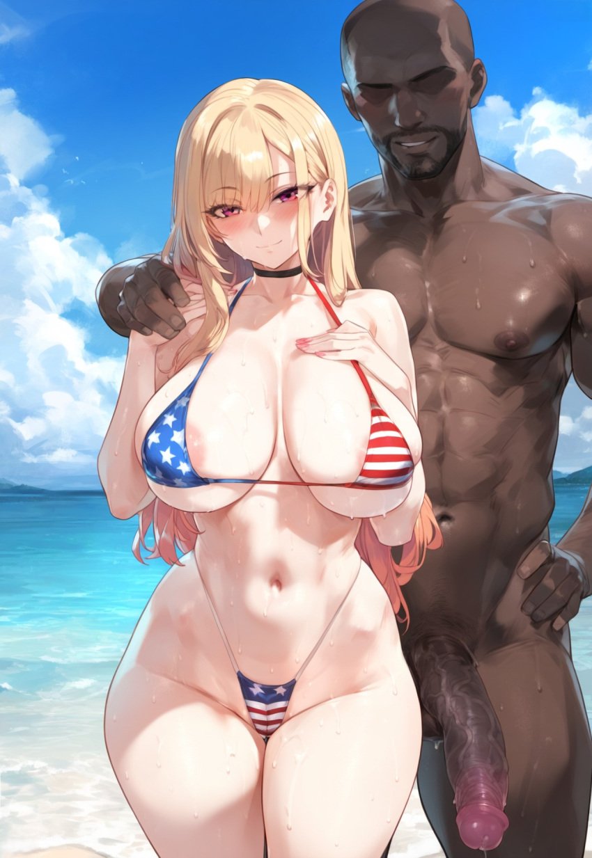 1boy 1girls ai_generated areola_slip beach beach_background beach_sex big_penis bikini cheating cheating_girlfriend clothed_female_nude_male dark-skinned_male dark_penis dark_skin female flag_bikini human iceflower-art interracial kitagawa_marin long_penis male netorare ntr nude_male older_man_and_teenage_girl penis slutty_outfit sono_bisque_doll_wa_koi_wo_suru thick_legs thick_thighs