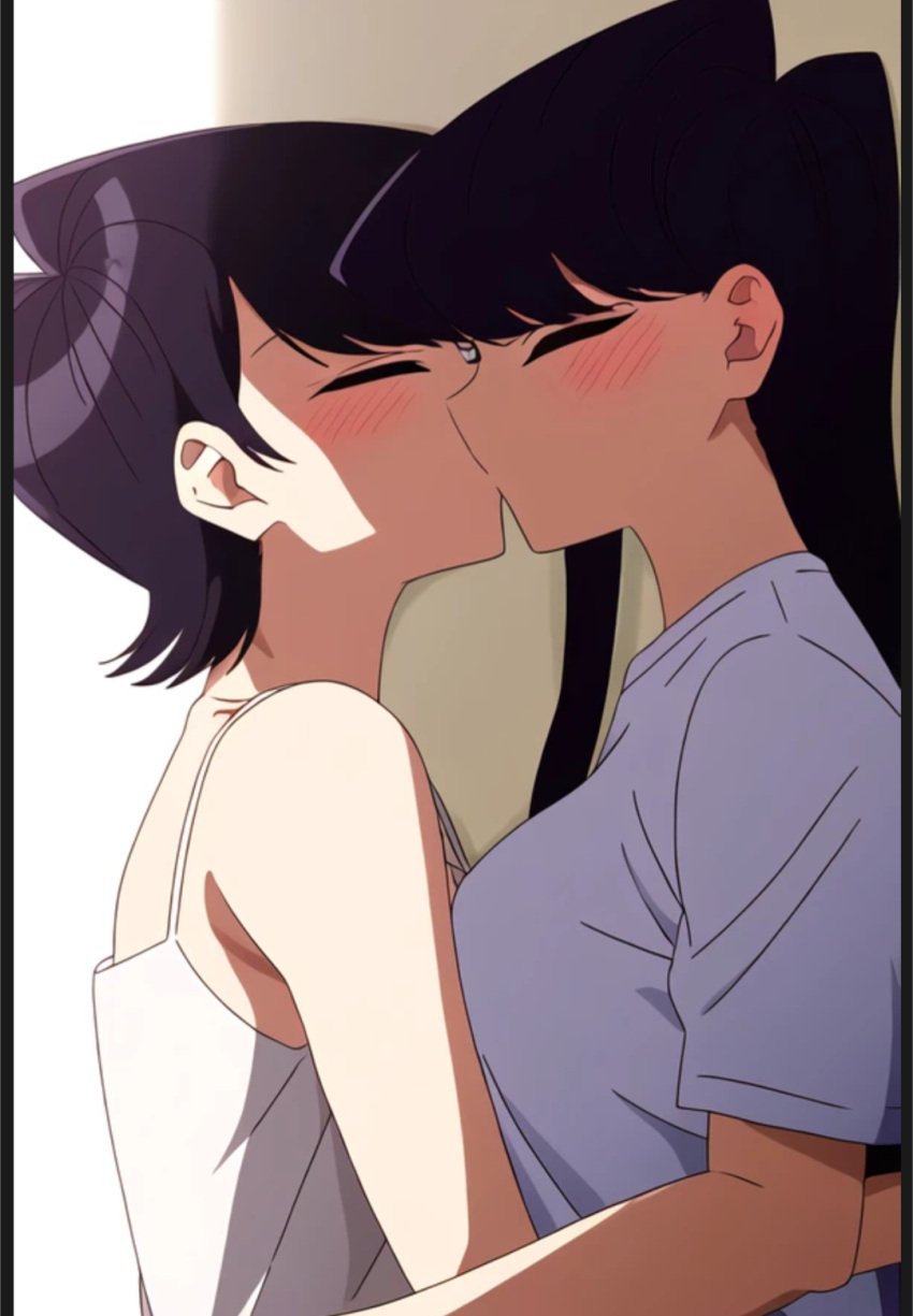 ai_generated blush closed_eyes daughter fully_clothed incest kissing komi-san_wa_komyushou_desu komi_shouko komi_shuuko long_hair mother mother_and_daughter purple_hair short_hair yuri