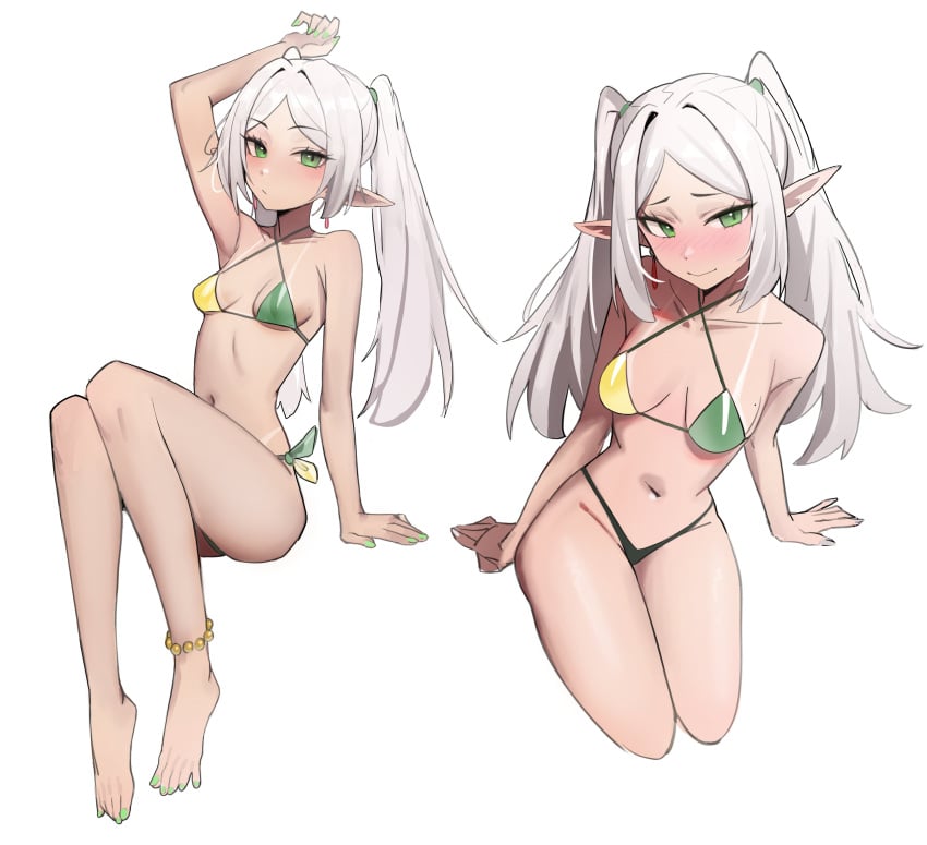 1girls bikini blush elf elf_ears elf_female elf_girl feet female female_only frieren frieren_beyond_journey's_end green_toenails kiritzugu light-skinned_female light_skin looking_at_viewer midriff small_breasts solo sousou_no_frieren tanline thick_thighs thighs white_hair white_hair_female