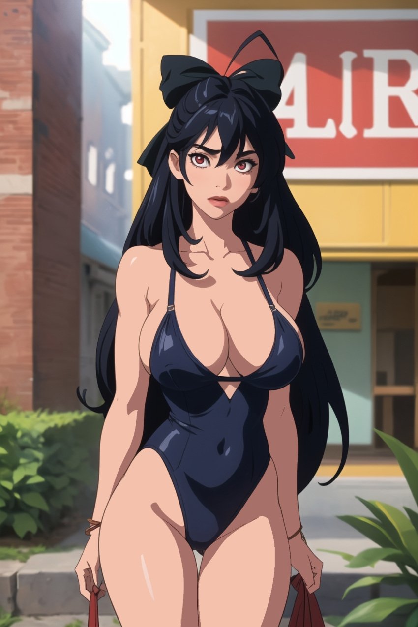 ai_generated artist_request beach bikini black_hair breasts curvy_female curvy_figure female female_only hamyuts_meseta large_breasts one-piece_swimsuit tatakau_shisho the_book_of_bantorra voluptuous_female