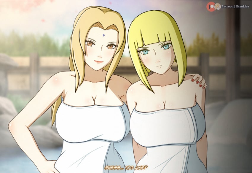 2girls 3d alternate_costume beach_umbrella big_breasts blonde_hair blue_eyes blunt_bangs breast_grab breast_size_measurement breasts brown_eyes bust cleavage commentary comparing_breasts female female_only hand_on_shoulder holding_partner koikatsu landscape long_hair looking_at_viewer mature mature_female mature_woman measurements midriff multiple_females multiple_girls naked_towel naruto naruto_(series) naruto_shippuden onsen oppai otsukira outdoors presenting presenting_breasts presenting_self samui smile sunlight take_your_pick talking talking_to_viewer text tied_hair towel towel_only tsunade upper_body